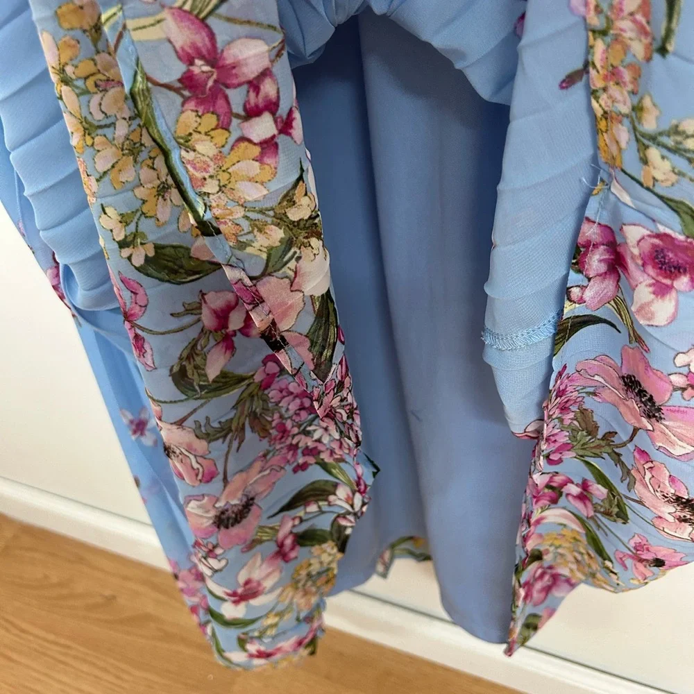 Blue Floral Girls' Dress with Pink Waistband